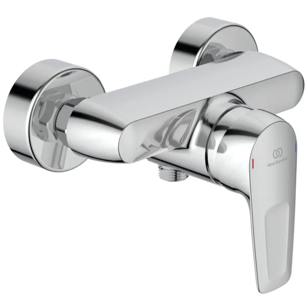 Brausearmatur in Chrom von Ideal Standard, wandmontiert mit zwei runden Wandplatten und einem seitlichen Bedienhebel zur Regulierung von Wasser.
